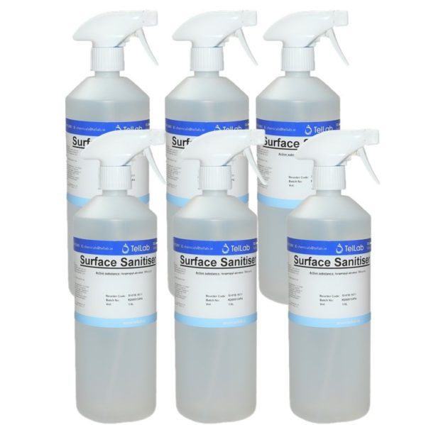 pack of 6 x 1 litre TelLab surface sanitiser spray