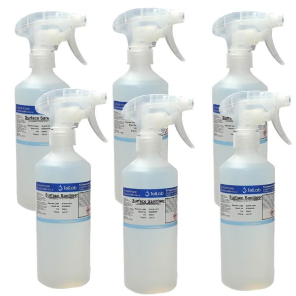 6 x 500 ml telLab alcohol-based surface sanitiser spray formulated with 70% isopropyl alcohol