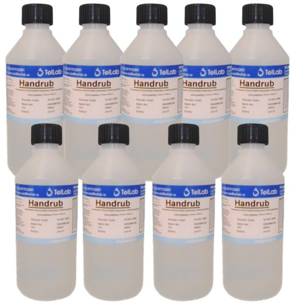 pack of 9 x 1 litre TelLab hand sanitiser liquid rub